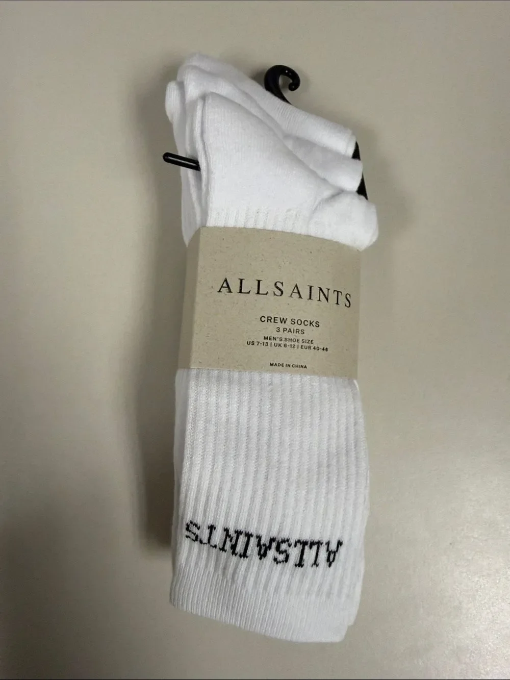 ALL SAINTS Men’s 3 Pack White Black Logo Cotton Blend Crew Socks
